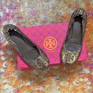 Tory Burch Black and Gold Snake Print Reva Flats